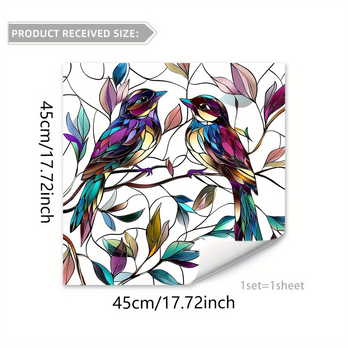 Image of Vintage Stained Glass Bird And Branch Window Cling - 45x45cm Double-sided Electrostatic Decor For Bedroom & Balcony, Vibrant Hummingbird Design With Intricate Leaf Patterns, Pvc Material, Single Use