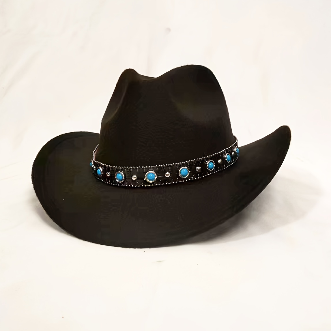 

Polyester Cowboy Hat With Round Blue Turquoise Band, Lightweight, Solid Color, Yarn-dyed, Non-stretch, Featherless, With Classic Western Hat Style