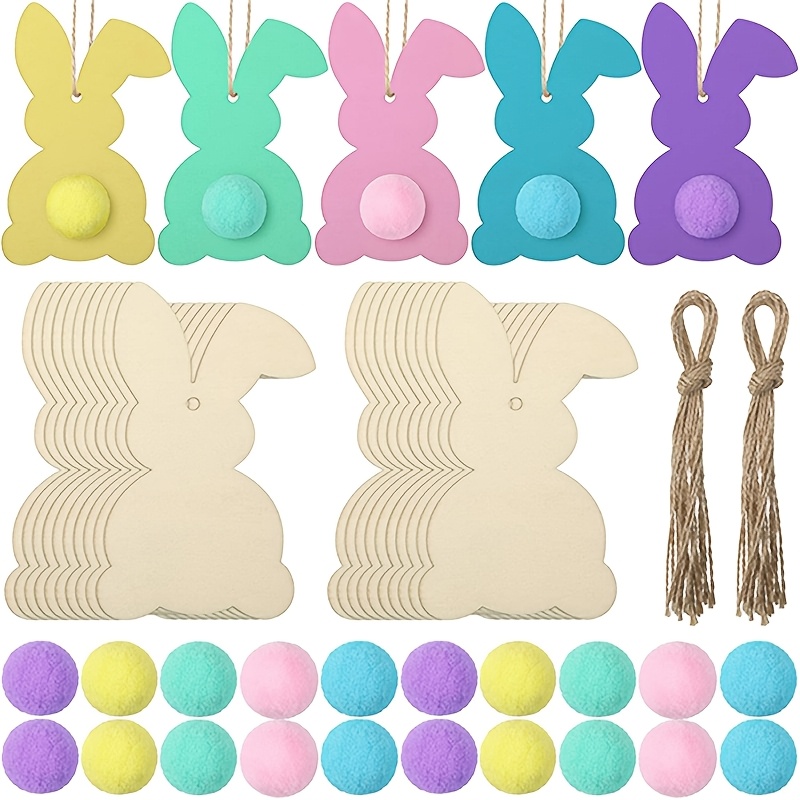 

20pcs Diy Easter Bunny Craft Kit - Wooden Rabbit Cutouts With Felt Balls, Hanging Ornaments For Spring Decor, Fit, No Electricity Needed