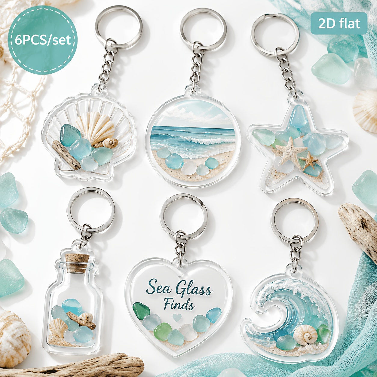 TEMU 2d Flat - Yzx[2d Flat] 6pcs Transparent Acrylic Beach-themed Keychains Sea Glass Starfish Wave Shell Souvenir Gifts