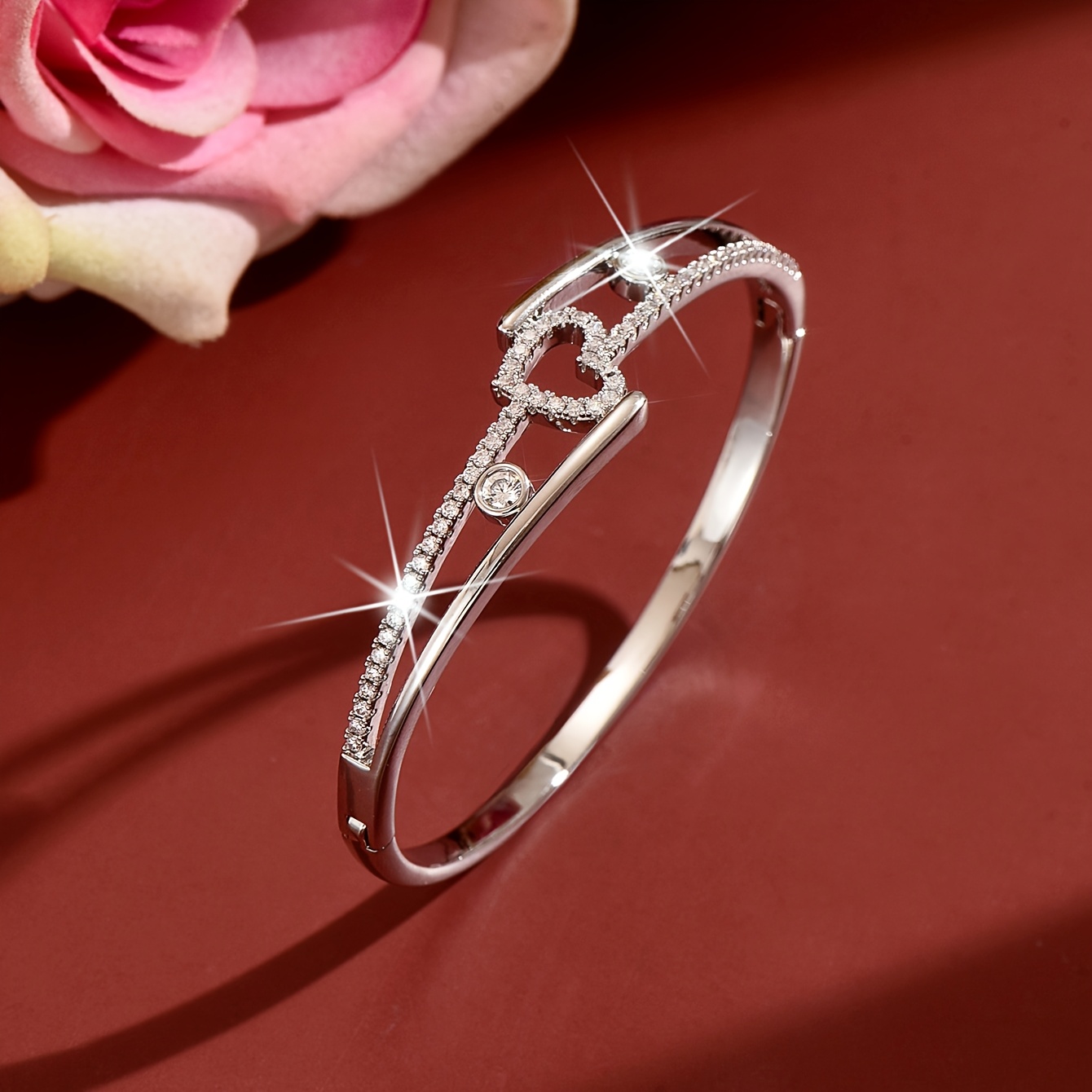 Women's Heart-Shaped Rhinestone Bracelet, Chic Double-Ring Design