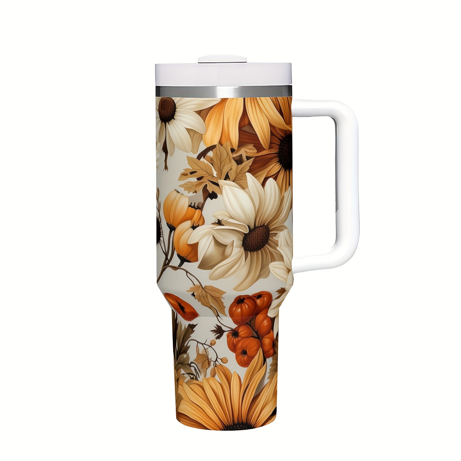 

1pc 40oz Stainless Steel Tumbler With Autumn Sunflowers Design, Reusable Insulated Cup With Lid For Hot/cold Beverages, Hand Wash Only, Ideal For Outdoor, Travel & Daily Use - No Electricity Needed