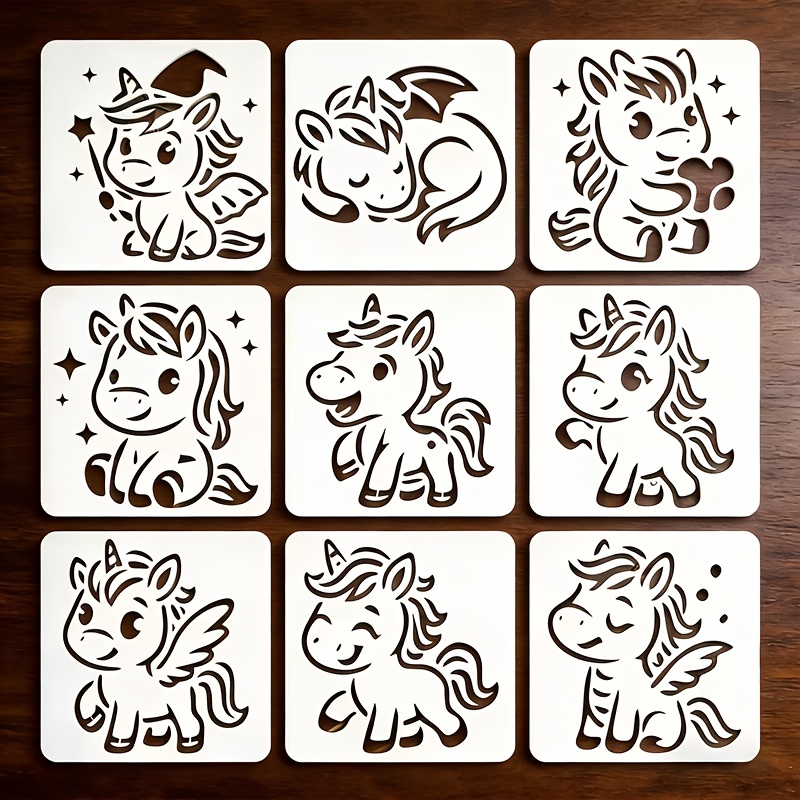 E-shop Set mit 9 Einhorn Schablonen | Entzückende Cartoon Pferde Muster, Wiederverwendbare Kunstwerkzeuge für Basteln, Scrapbooking, Airbrush Kunst,