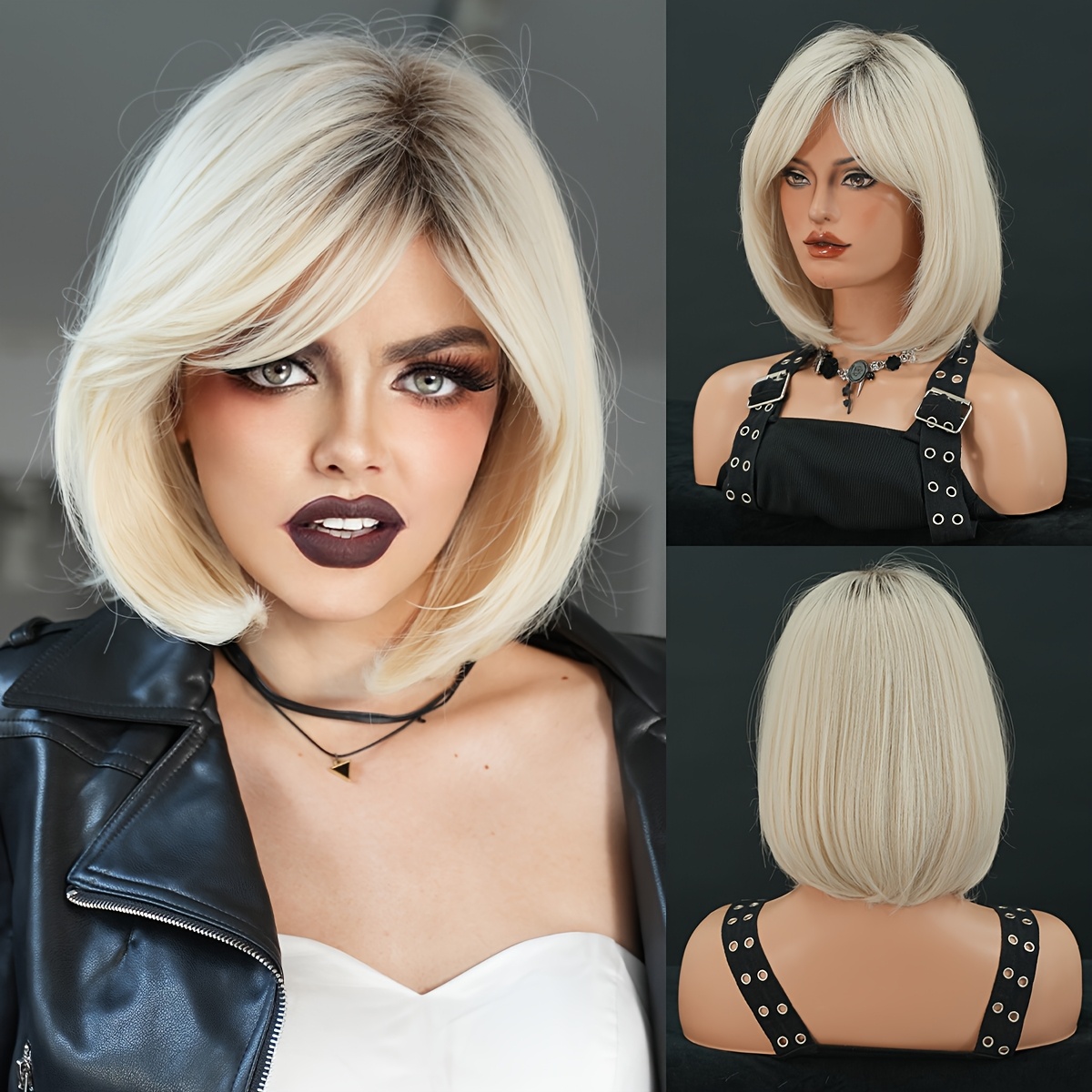 TEMU Costume Bob Wigs Short Straight Ombre Blonde Wig With Dark High Density Heat Resistant Synthetic Wigs For Women Daily Party Use Carnival Music