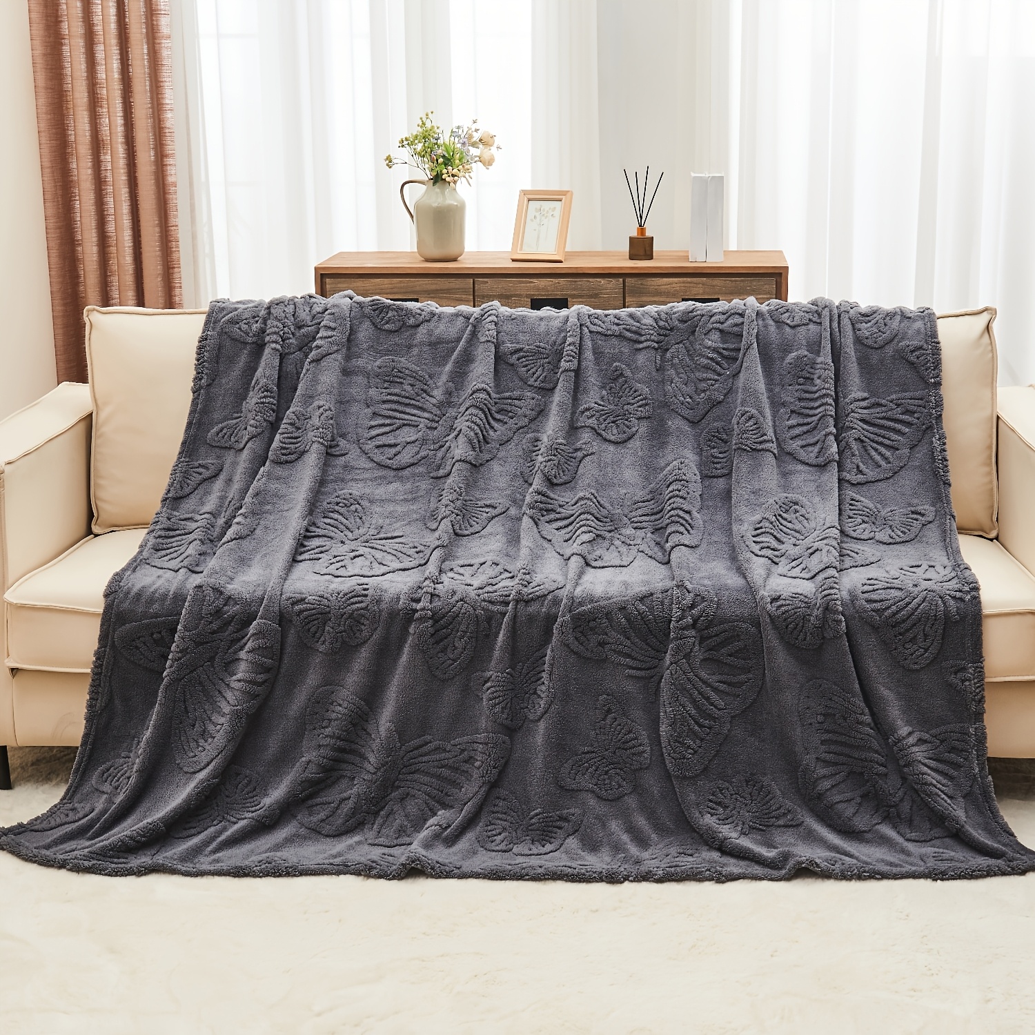 TEMU Premium 3d Tufted Throw Blanket - Textured Flannel Fleece, Lightweight & Breathable | Multi-setting Use: Bed, Sofa, Office & Camping | Machine