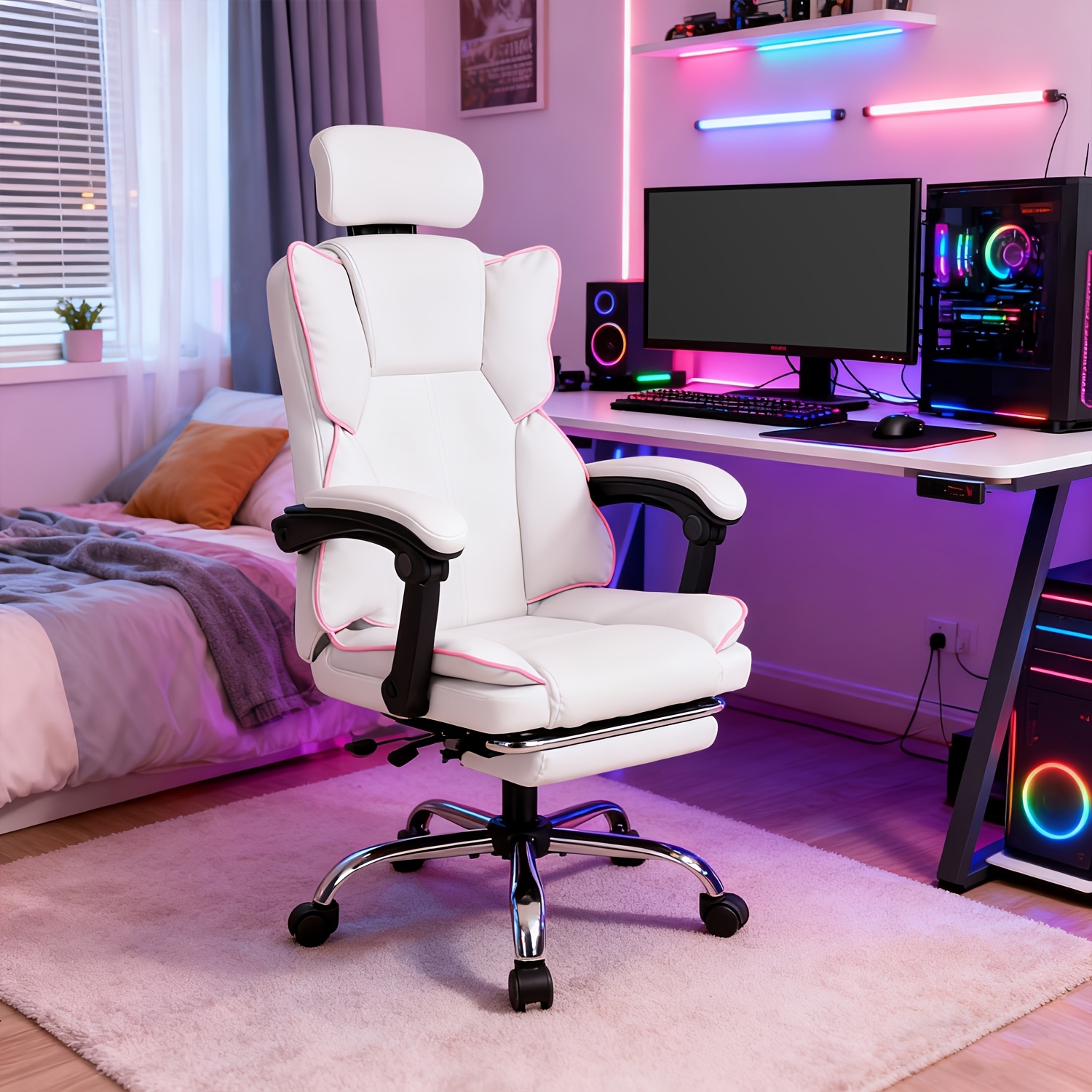 This Ergonomic Office Chair Features A Footrest And Lumbar Support, A Reclining And Adjustable Backrest, Is Suitable For High- Use, And Can Rotate 360°. An For Home Or Office Use (pink//khaki)