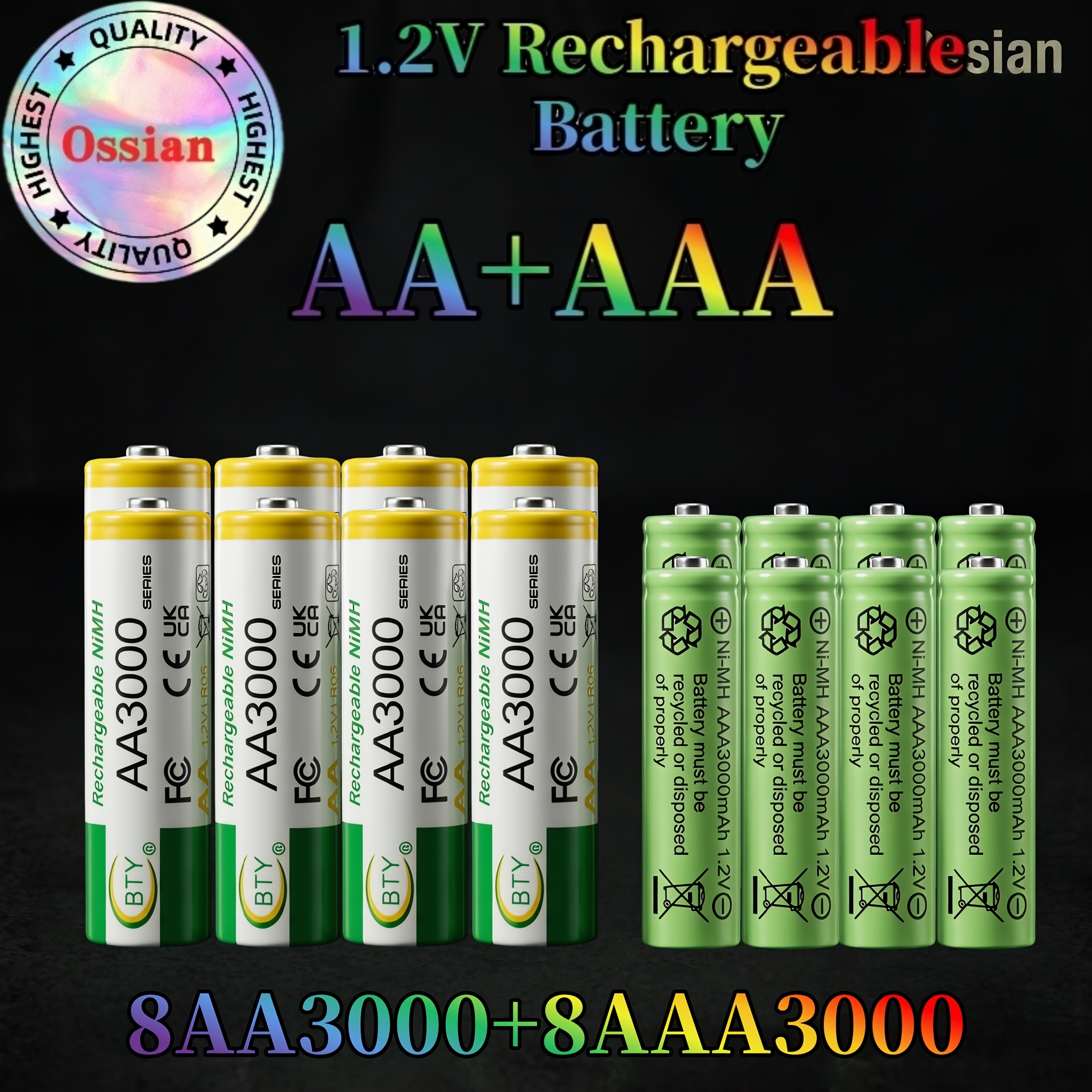 TEMU Ossian 8pcs Aa+8pcs Aaa,1.2v 3000mah Aa Aaa Nimh Rechargeable Battery Combo, High Capacity Pre-charged Low Self Double A Battery For Household
