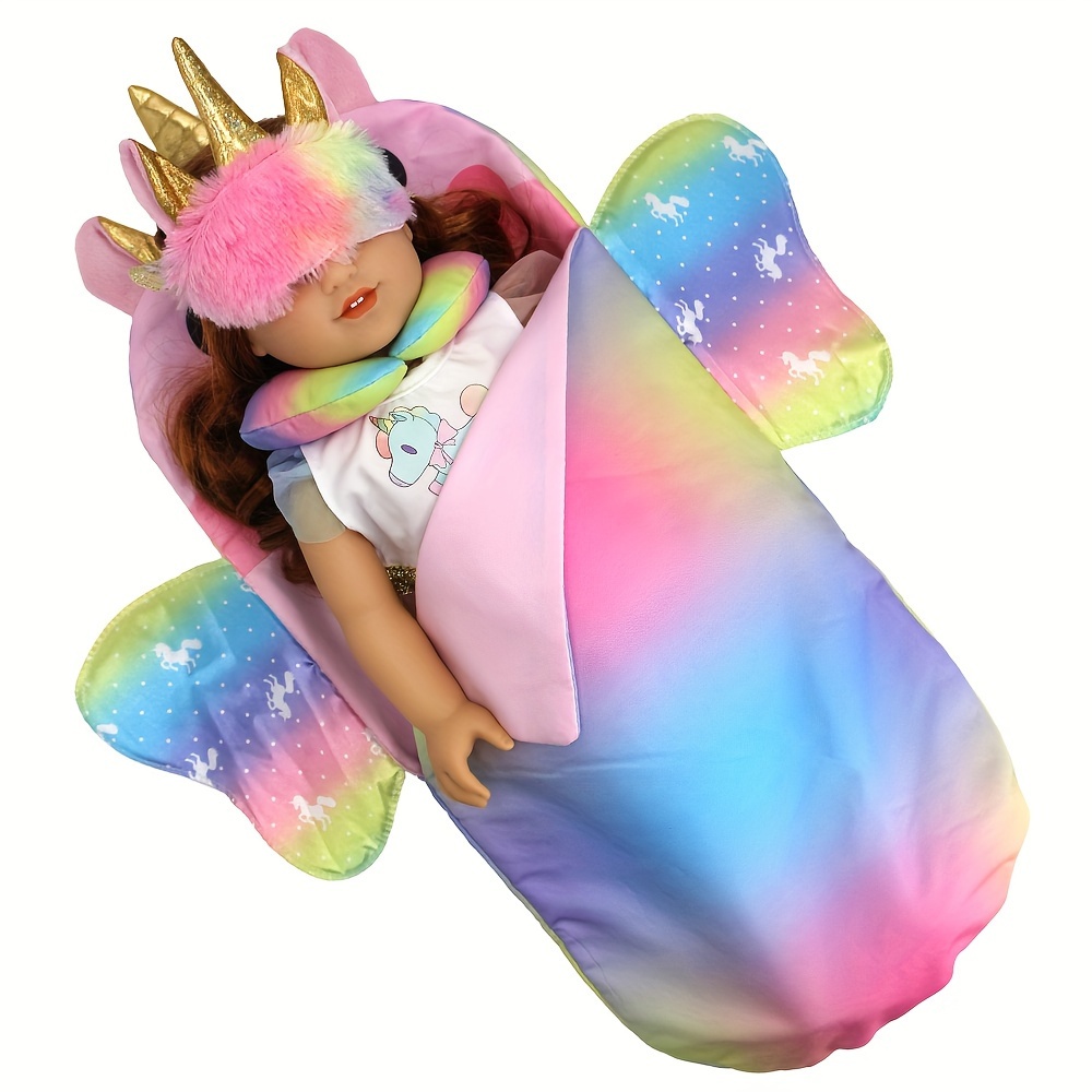 

Unicorn-themed Doll Sleeping Bag Set, Fits 18-inch And Smaller American Dolls, Suitable For Newborn & Pretend Play, 3-6, Polyester, 2-piece Set (doll Not Included)