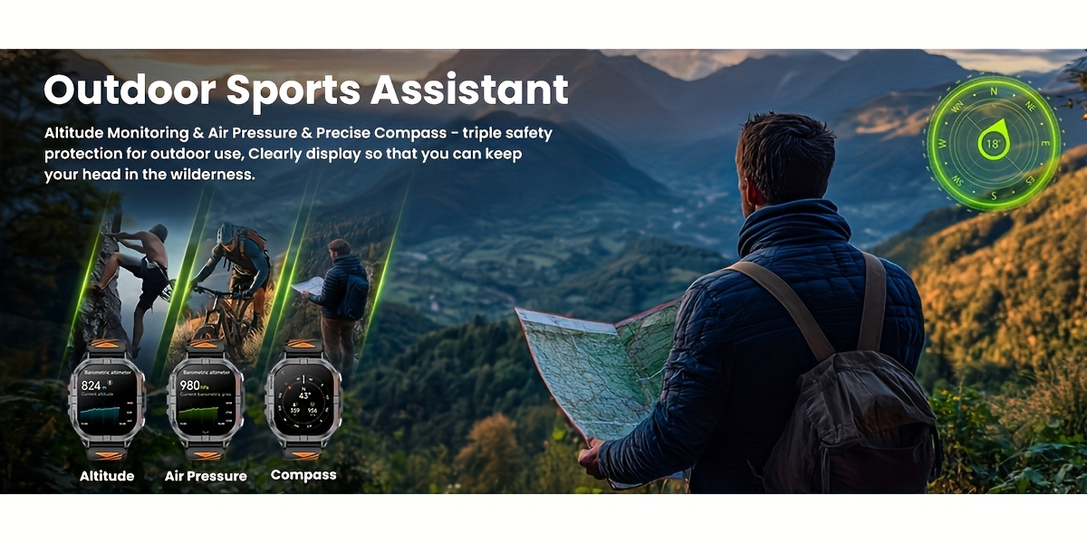 MINGTAWN Montre Connectée Homme avec Appel Sans Fil, Boussole, Lampe Torche LED, Plus de 100 Modes Sportifs, Écran Tactile Complet de 2,13 pouces, Longue Autonomie de Batterie de 580mAh, Montre de Sport Multifonctionnelle pour l'Extérieur, Convient aux Passionnés de Plein Air et aux Amateurs de Fitness