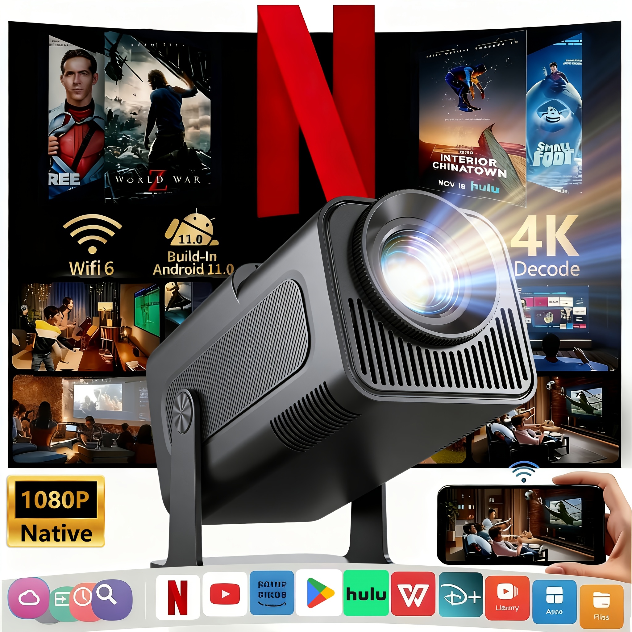E-shop Neuer tragbarer Projektor, unterstützt WiFi 6 und Wireless, Native 1080P, unterstützt 4K Smart-Projektion, automatische Bildschirmkorrektur,