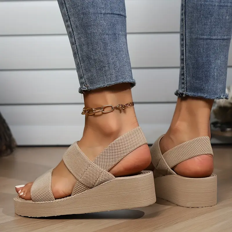 womens solid color wedge heeled sandals casual open toe platform shoes comfortable ankle strap sandals details 1