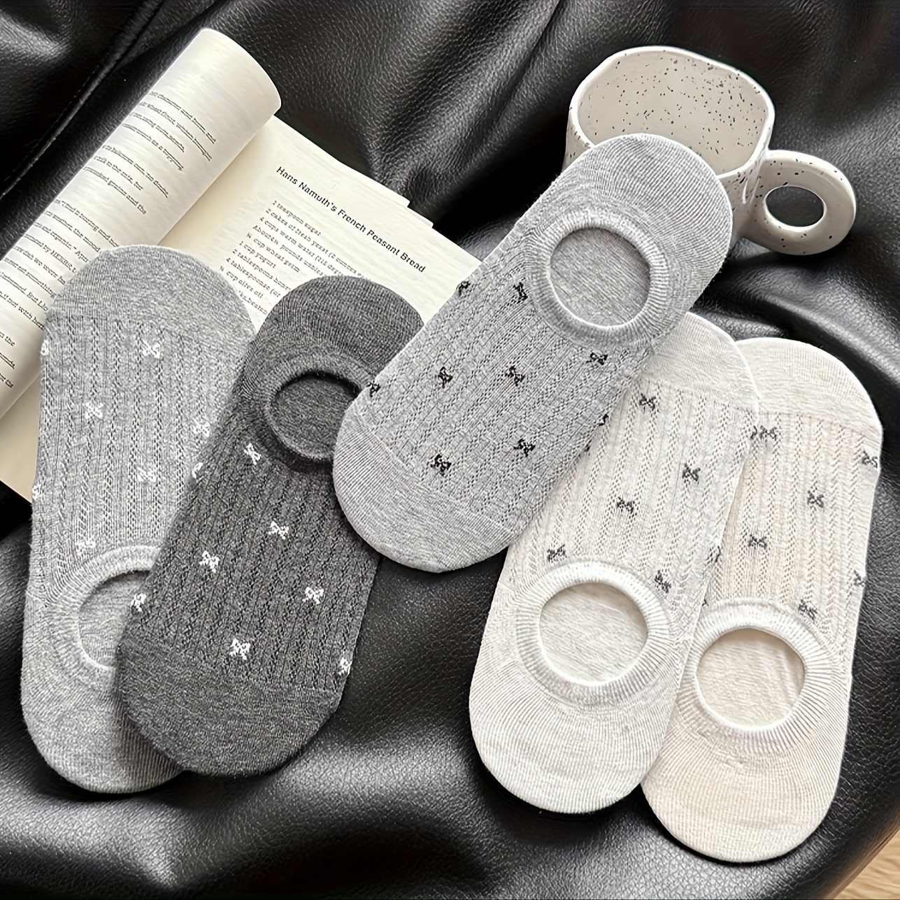 E-shop 5 Paar Damen Knöchelsocken mit Schmetterlingsmuster – Weiche, atmungsaktive Mesh-Bootssocken, maschinenwaschbar, Grau für Casual & Business,