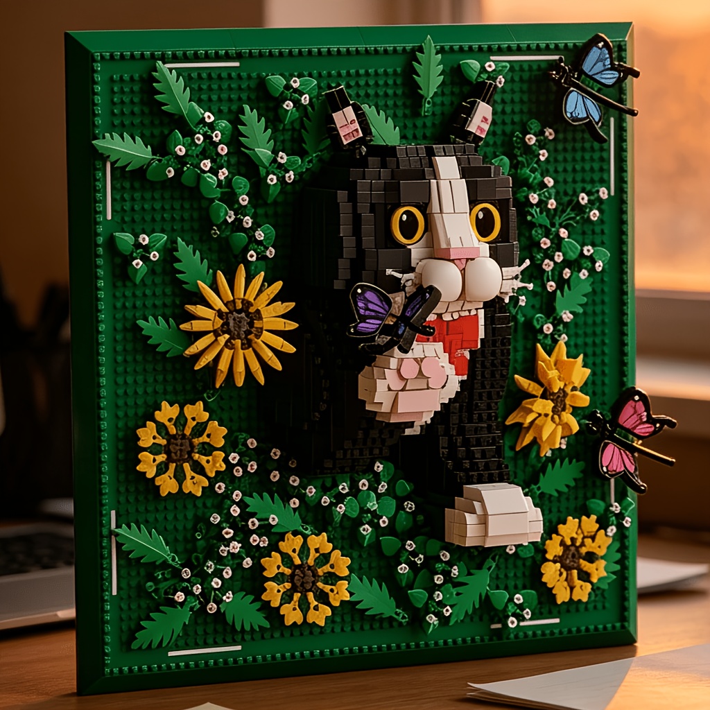 Vibrant Forest Style Little Kitten Pixel Wall Art Assembly Blocks
