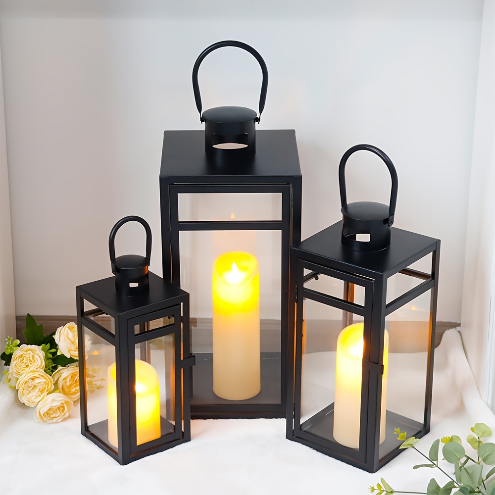 Glitzhome Set Di 2 Lanterne Decorative In Legno E Metallo - Stile Rustico Per Esterni E Interni - Nero - 3