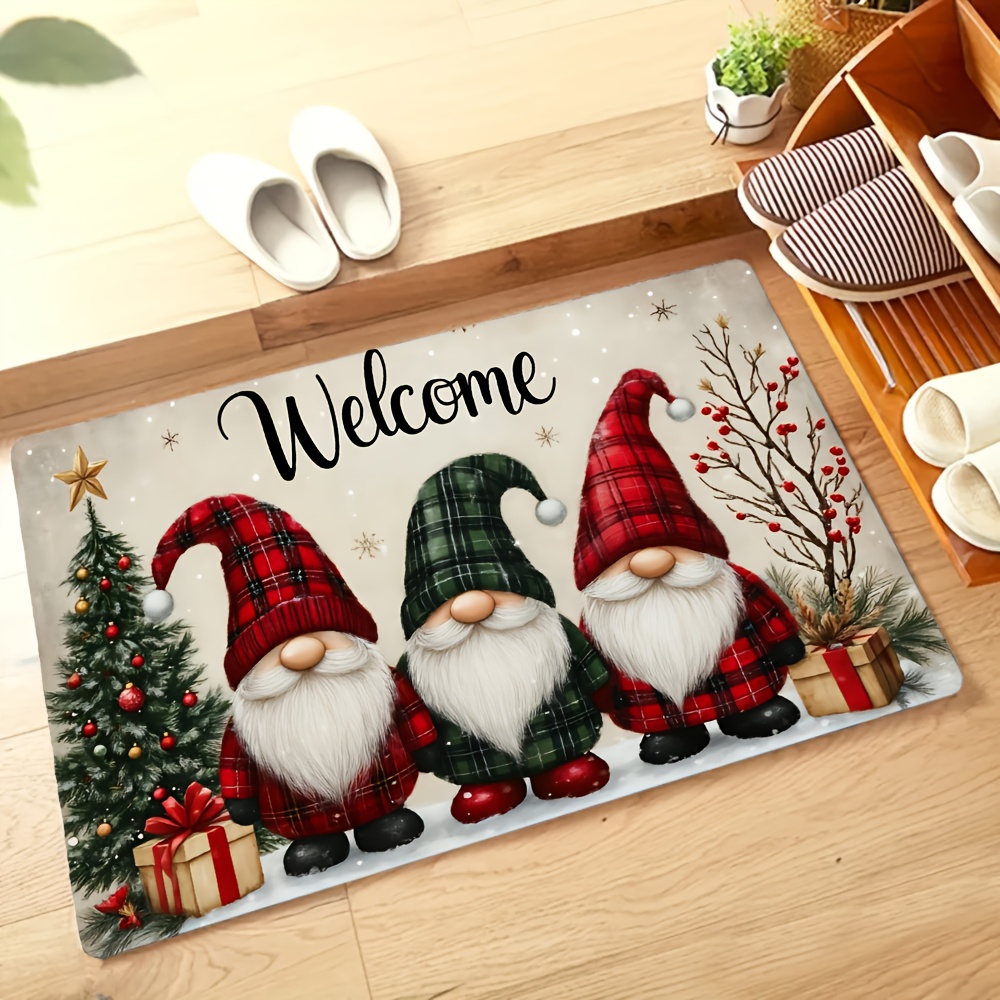 TEMU 1pc Christmas Gnome Welcome Mat With Gifts And Tree - Non-slip Machine Washable Indoor/outdoor Rug, And Checkered Gnome Design, Red/ Checkered