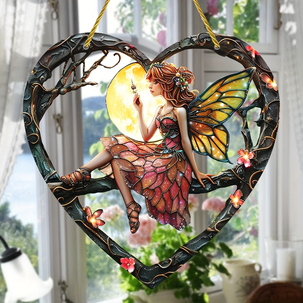 

Night Fairy Sun Catcher - 8"x8" Acrylic Heart-shaped Wall Hanging, Stained Glass Effect, Perfect For Garden, Porch & Home Decor, Ideal Gift For Mom And Friends