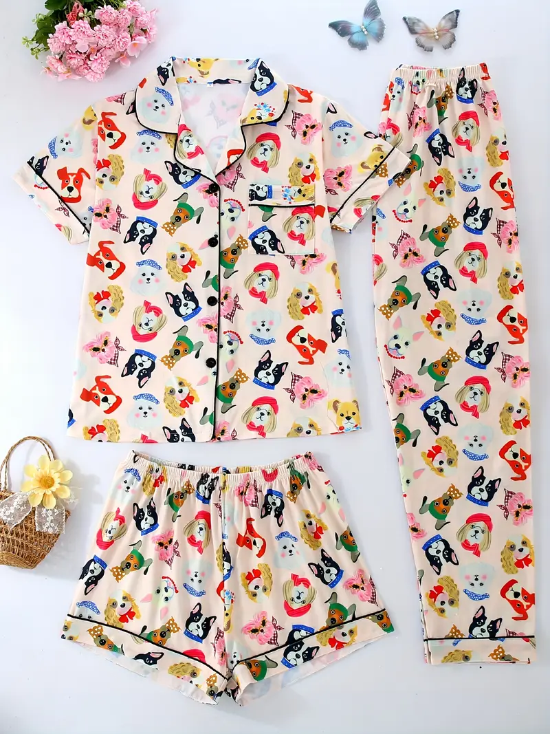 womens pajama set three pieces cute cartoon animal cute puppy casual collar top with drawstring waist shorts and trousers summer wear button pocket details comfortable knit fabric adult Product details 0