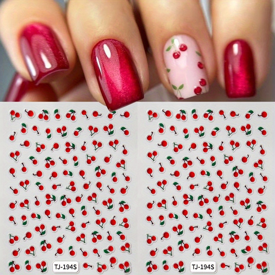 Image of Set Of 2 Adorable Korean-style Cherry Nail Stickers, Featuring Cute Designs For Nail Art. Perfect For Projects, Self-adhesive Charms Are Great For French Tip Decorations