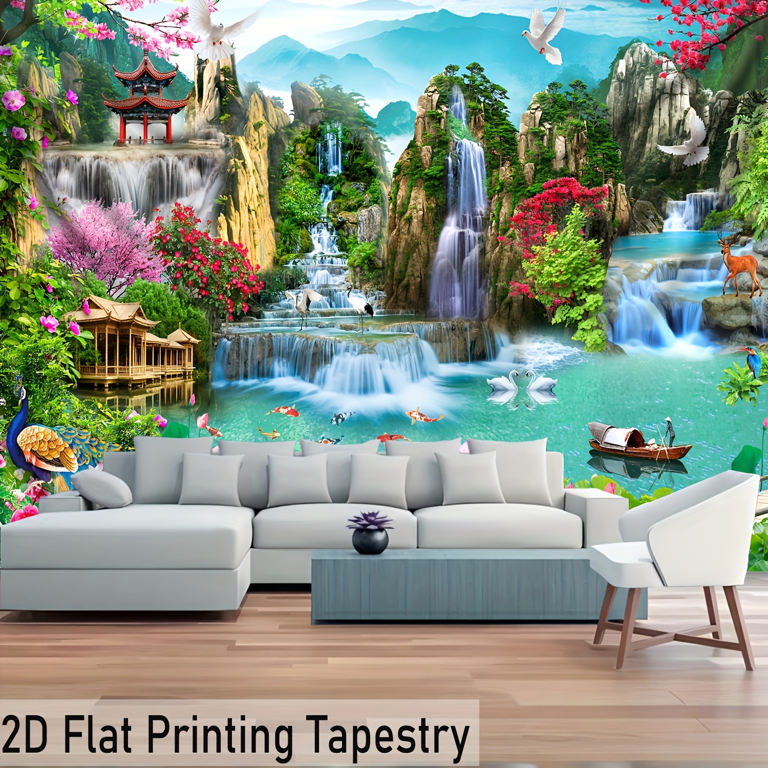 TEMU [ 2d Flat Printing] 1pc- Ultra Large Size- - Beautiful Landscape Waterfalls Hd Digital Printing Huge Tapestry- Polyester- Home Decoration- With
