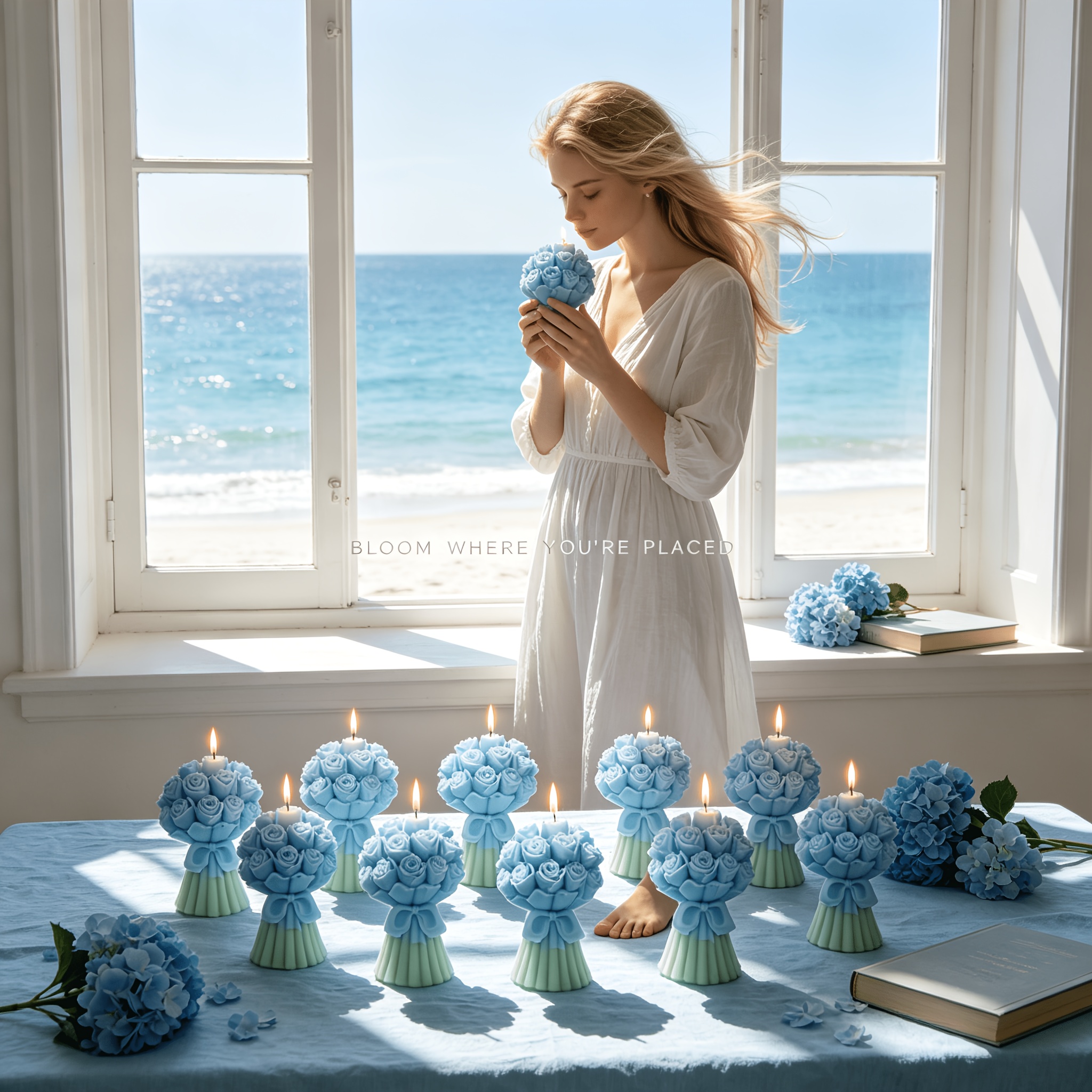 A Candle Shaped Like a Bouquet of Blue Roses, Scented with Bluebell, Featuring a Mint Green Base. This Hand-Poured Decorative Soy Wax Candle Is Perfect for a Bathroom Vanity, Shelf, Or As a Wedding Gift