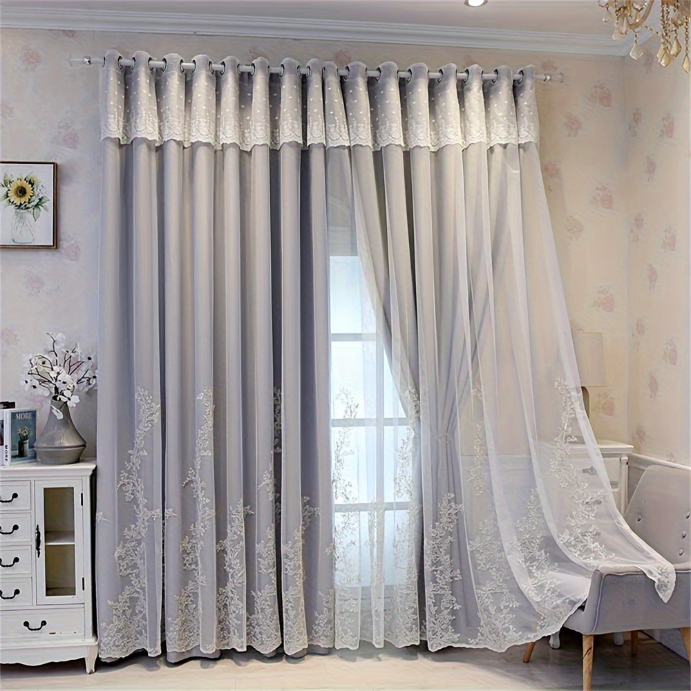 1pc double layer embroidery curtain with lace grommet top semi blackout cloth window drapes curtains for bedroom living room sliding door home decor details 6