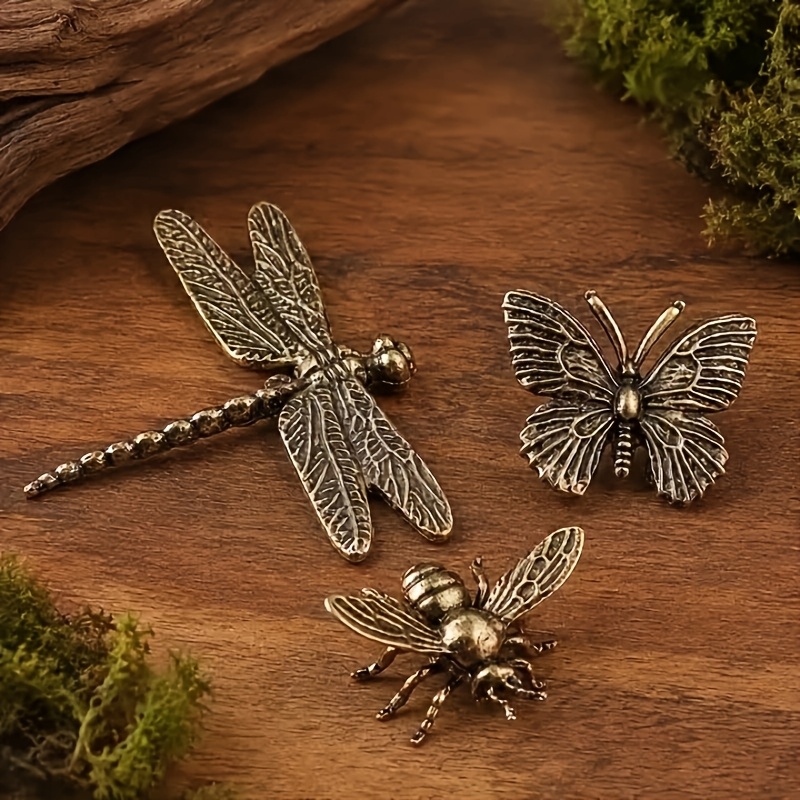 TEMU 3pcs Vintage Metal Insect Ornament Set, Dragonfly Bee Figurines, Mini Metal Animal Decorations, Suitable For Home, Office, Desk, Potted Plants,