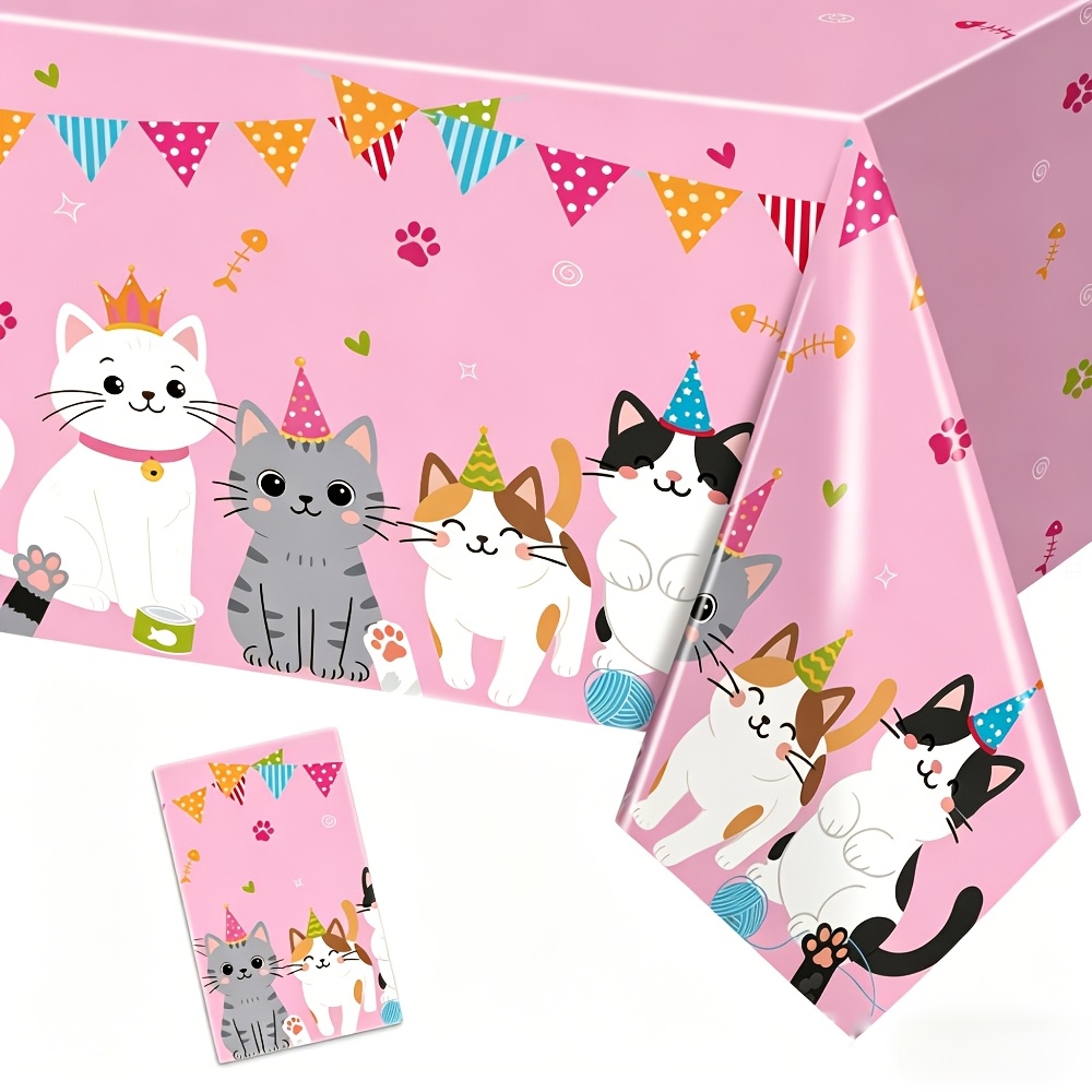 TEMU Halloween,christmas,1pc Pink Cat Plastic Tablecloth - Disposable 108x180cm Birthday Party Tablecloth, For Celebrating A Cat's Birthday, Suitable