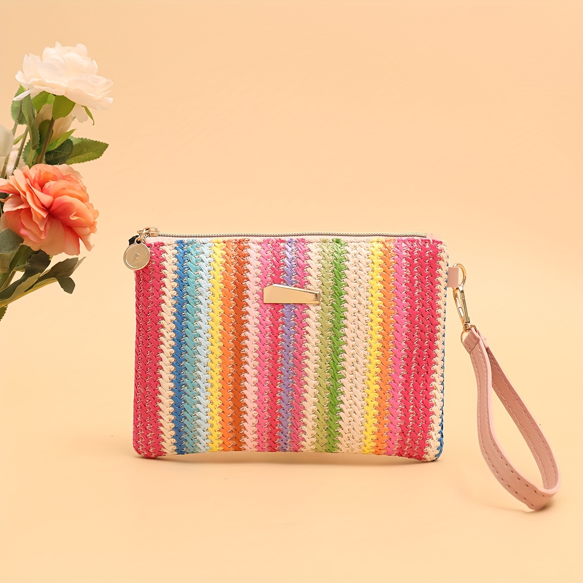 

Colorful Woven Envelope Style Women's Clutch Zipper Bag, Casual Multi-functional Spring & Summer Accessory, Fashion Coin Purse