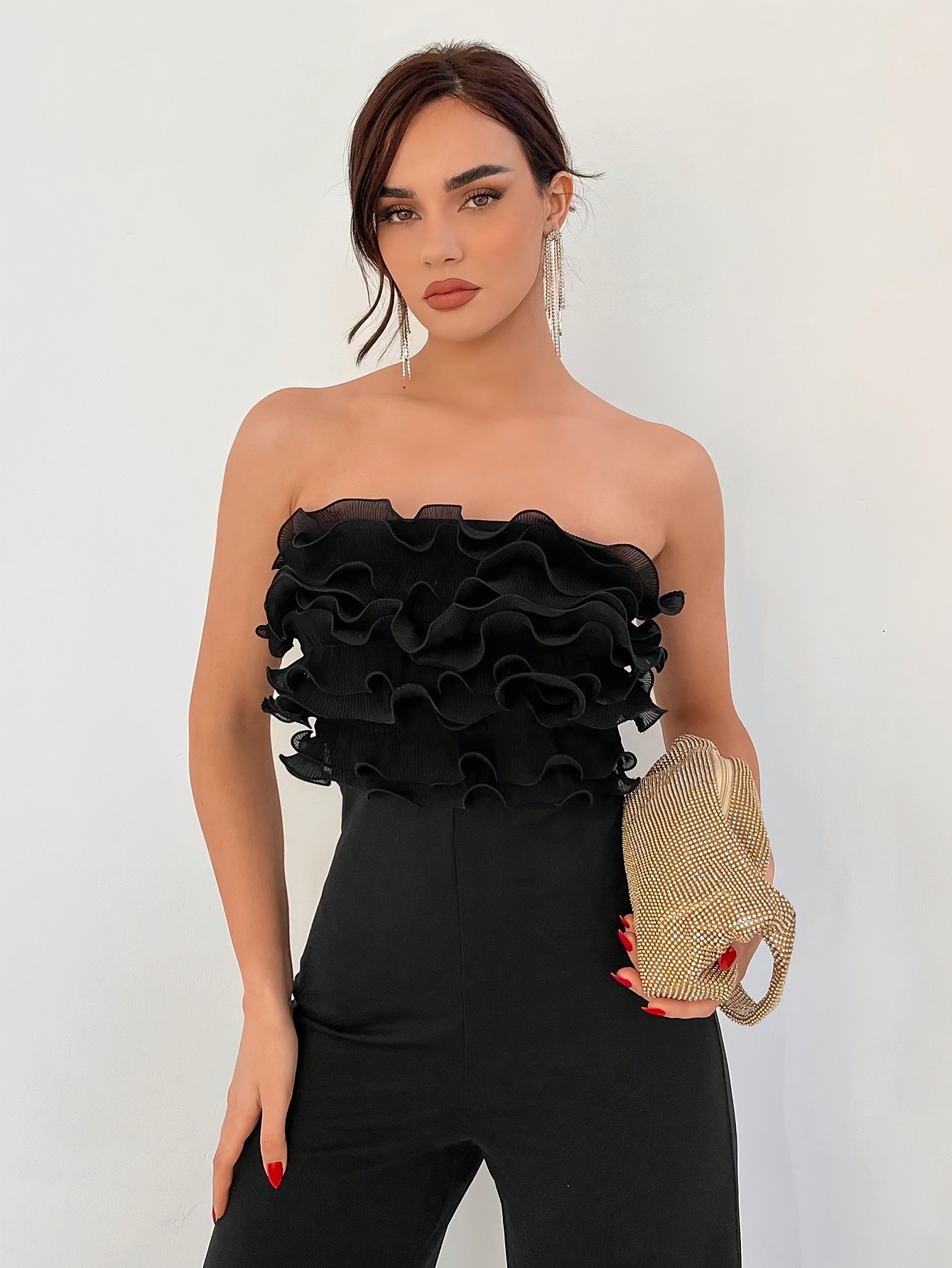 여성의 우아한 블랙 스트랩리스 와이드 레그 점프수트 리플 디테일이 있는 시크한 여름 휴가 스타일 폴리에스터 - Temu Republic  of Korea