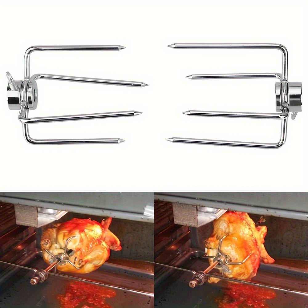 

2pcs/set, Stainless Steel Rotisserie Bbq Forks, Durable Meat Prongs For Charcoal Chicken Grill, Outdoor Cooking Accessories, Bbq Tools