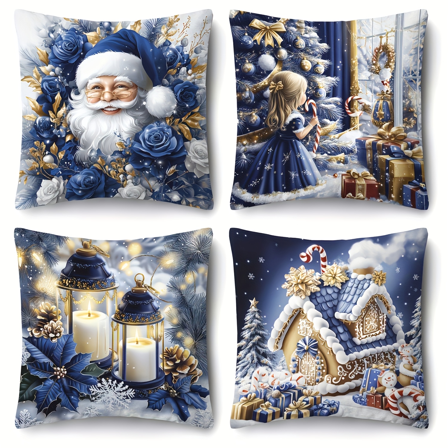 TEMU 4pcs Merry Christmas Blue Pillowcases, Multiple Sizes, Polyester Decorative Cushion Covers With Zipper Closure, Santa Claus Snow Scene Window