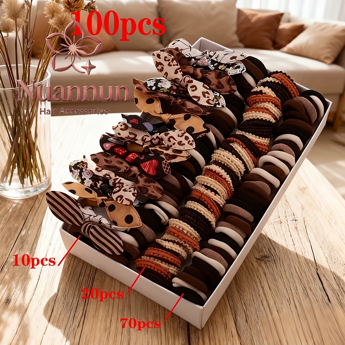 Image of 100pcs Soft And Hair-friendly Brown Hair Accessory Set (bow Hair Clips, High-elasticity Hair Ties, Basic Hair Ropes Multi-piece Combination Set)