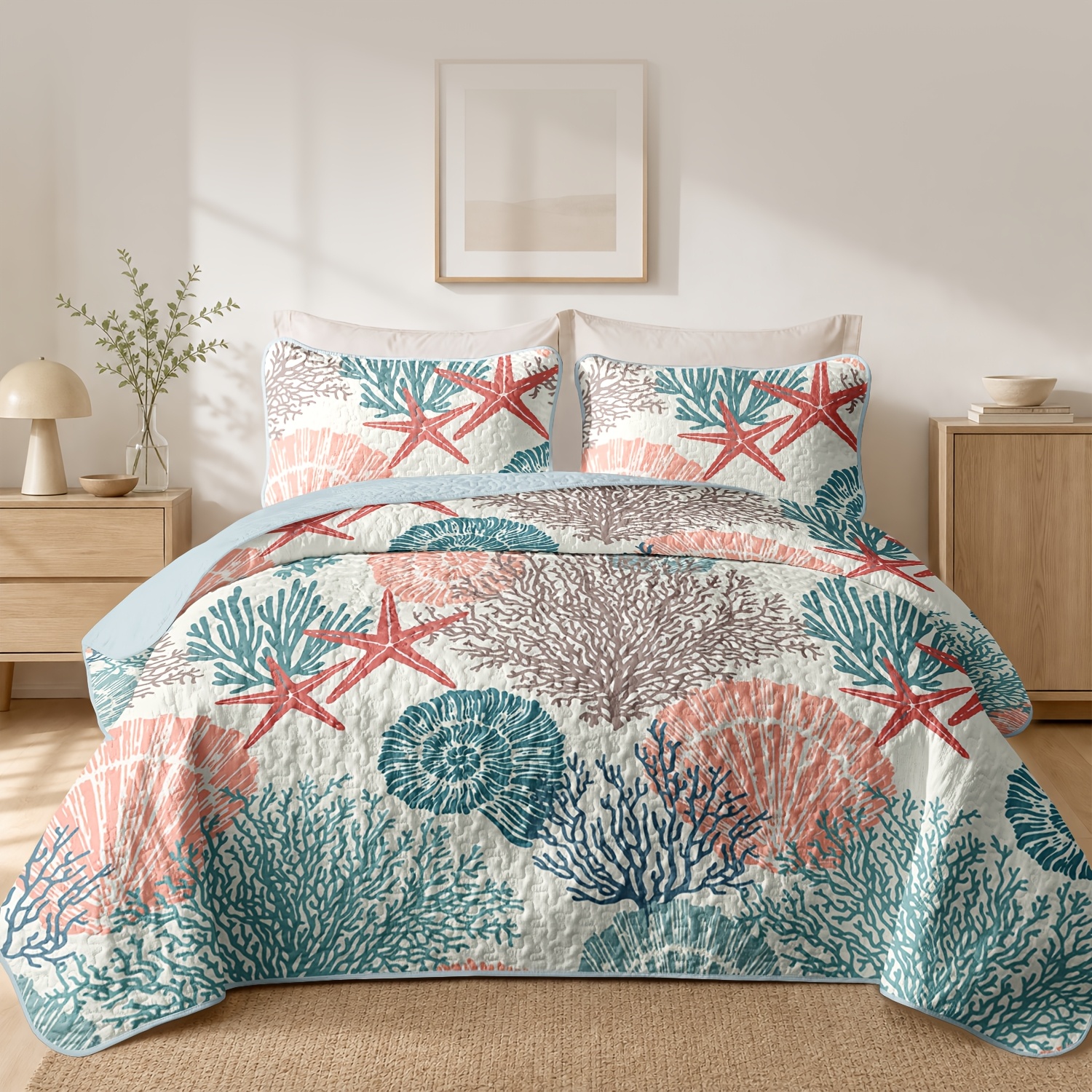 TEMU 2/3pcs Summer Cooling Ocean Quilt Bedspread Set, -friendly Starfish & Print Coverlet, Breathable Lightweight Nautical Beach Bedding With