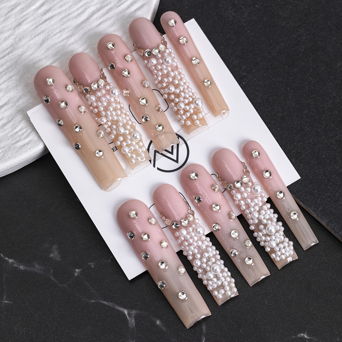 

Pearls Long Square Handmade Press On Nails, 10pcs