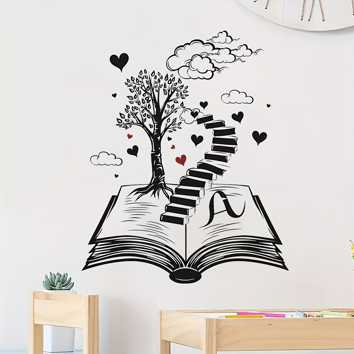 1pc Creative Vinyl Wall Stickers, Dream Books And Stairs Pattern Self-adhesive Furniture Wall Decals, Home Decor Bedroom Entryway Living Room Porch Wall Decoration Background