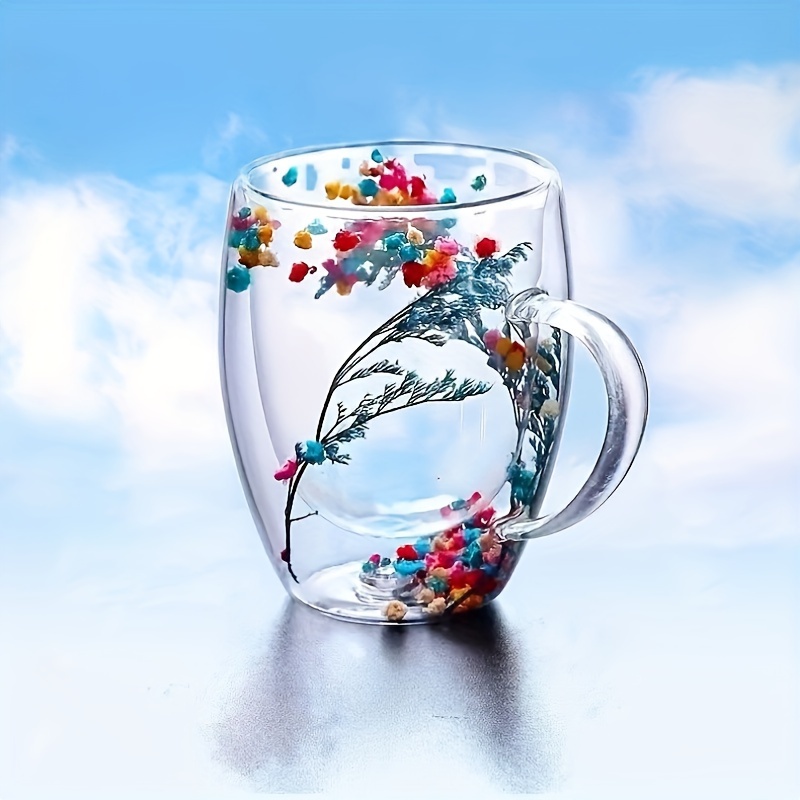 

Elegant Floral Double-walled Glass Coffee Mug With Thickened Handle - Heat Resistant, Perfect For Hot & Cold Drinks, Ideal Gift For Kitchen And Dining Coffee Cup Tea Cup Set