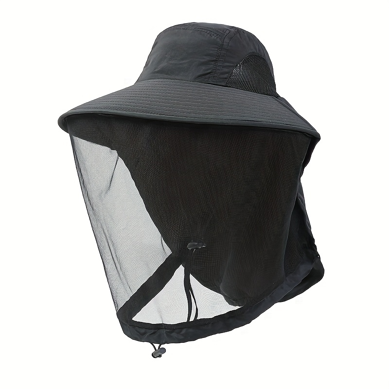 TEMU 1pc Unisex Outdoor Mesh Hat & Integrated Face Mask - Breathable Fishing Hat With Adjustable Chin Strap, Wide Brim, For Camping, Hiking, Camping