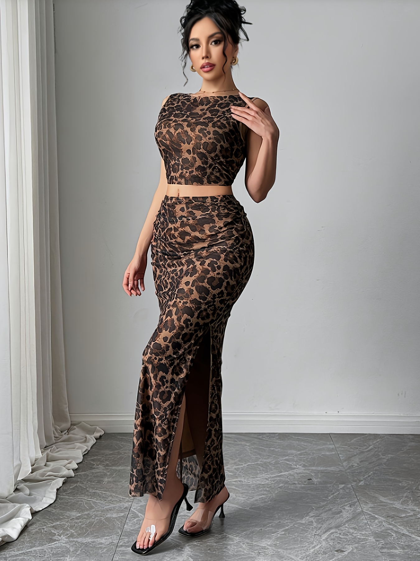 Cheetah Print Skirt Leopard Two Piece Set Spring Summer Elegant