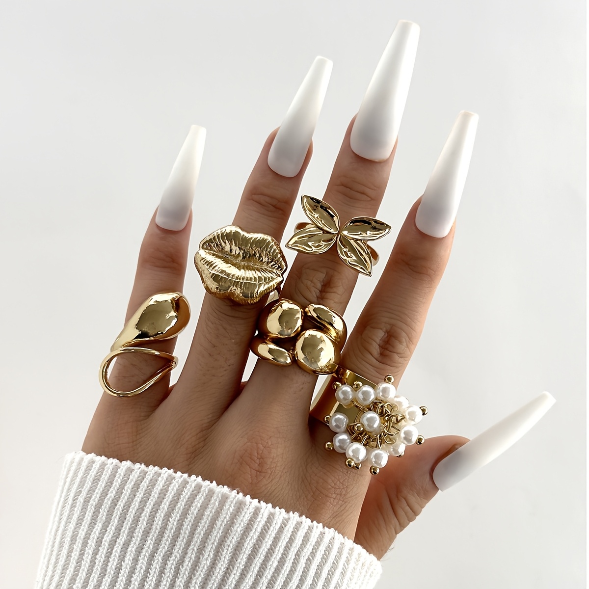 

5pcs Set Of Fashionable Pearl Tassel Lip Leaves Irregular Geometric Set Suitable For Female Dance Party Gifts
