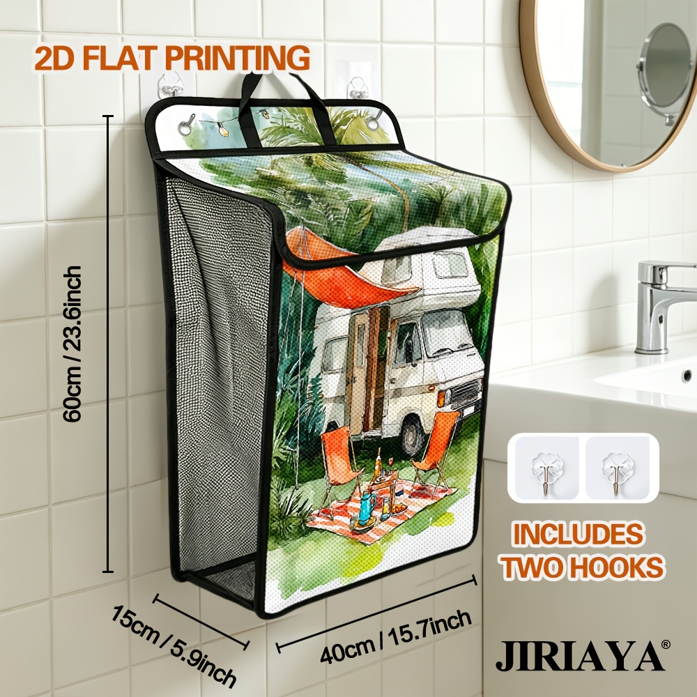 TEMU 2d Flat Printing, 1pc Wall-mounted Laundry Basket Featuring Tropical Camping Van Scene , Large Capacity Foldable Dirty Clothes Hamper, Space