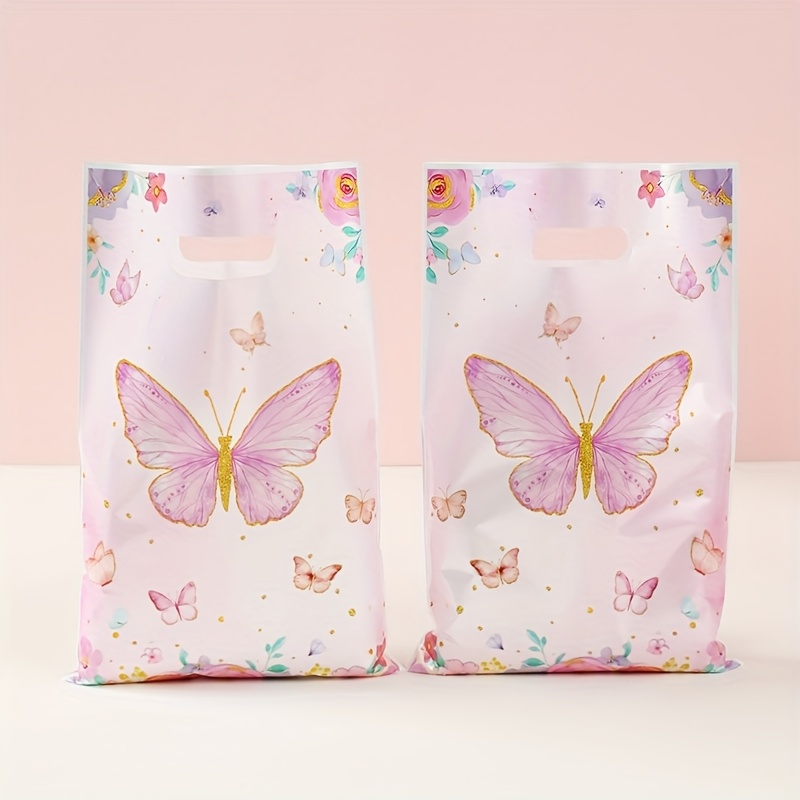 

10pcs Sacs de Fête à Thème Papillon Rose & Floral avec Accents Dorés - Sacs Cadeaux en Plastique pour Anniversaire, Douche de Jeunes, Mariage & Célébrations de Douche Nuptiale