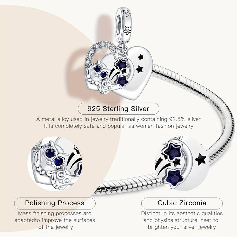 925 Sterling Silver European Charm Bracelet – Cubic Zirconia, Engraved Beads – Unbranded