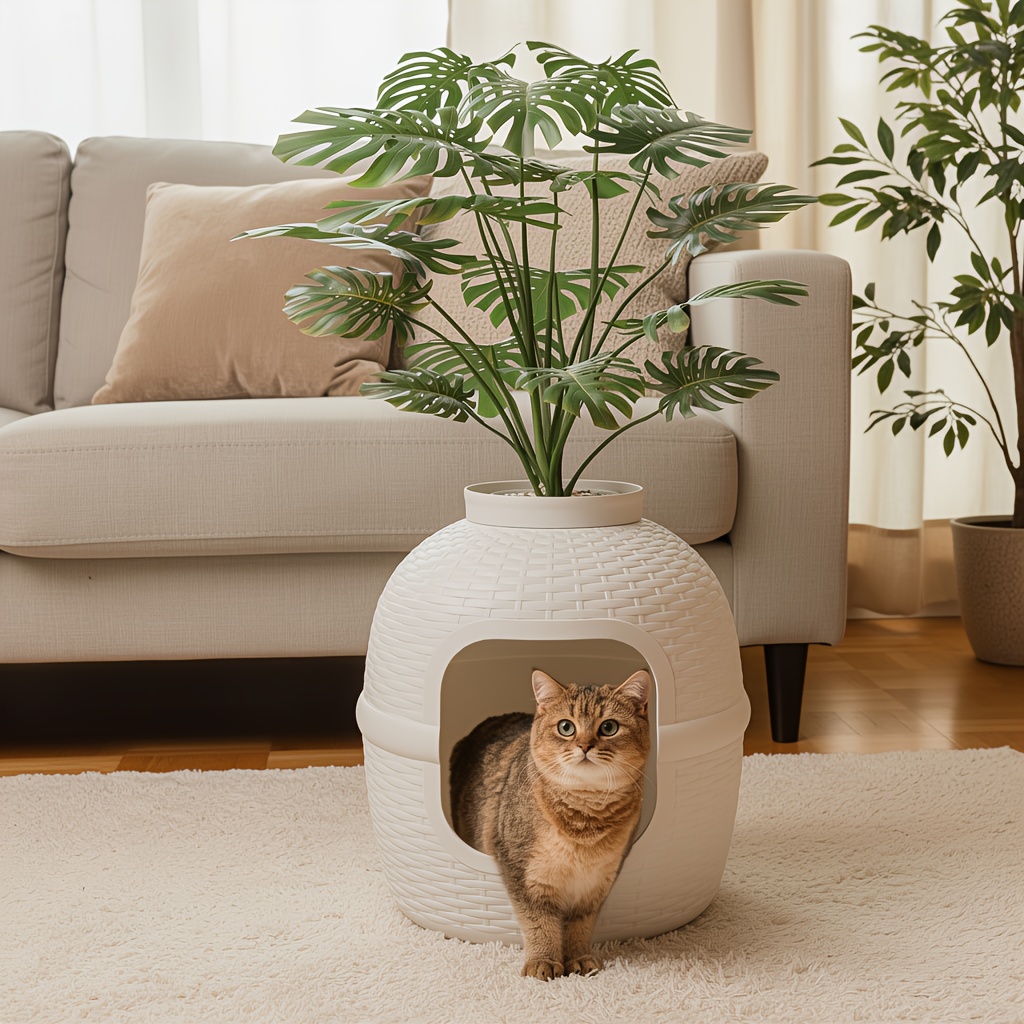 TEMU Hidden Litter Box With Plant Rattan Pattern For Cat Litter Box Furniture For Large For Cat Pp Material Waterproof Easy Assemble Clean Indoor Valentine's Day Gift For Cat Mom Presidents' Day