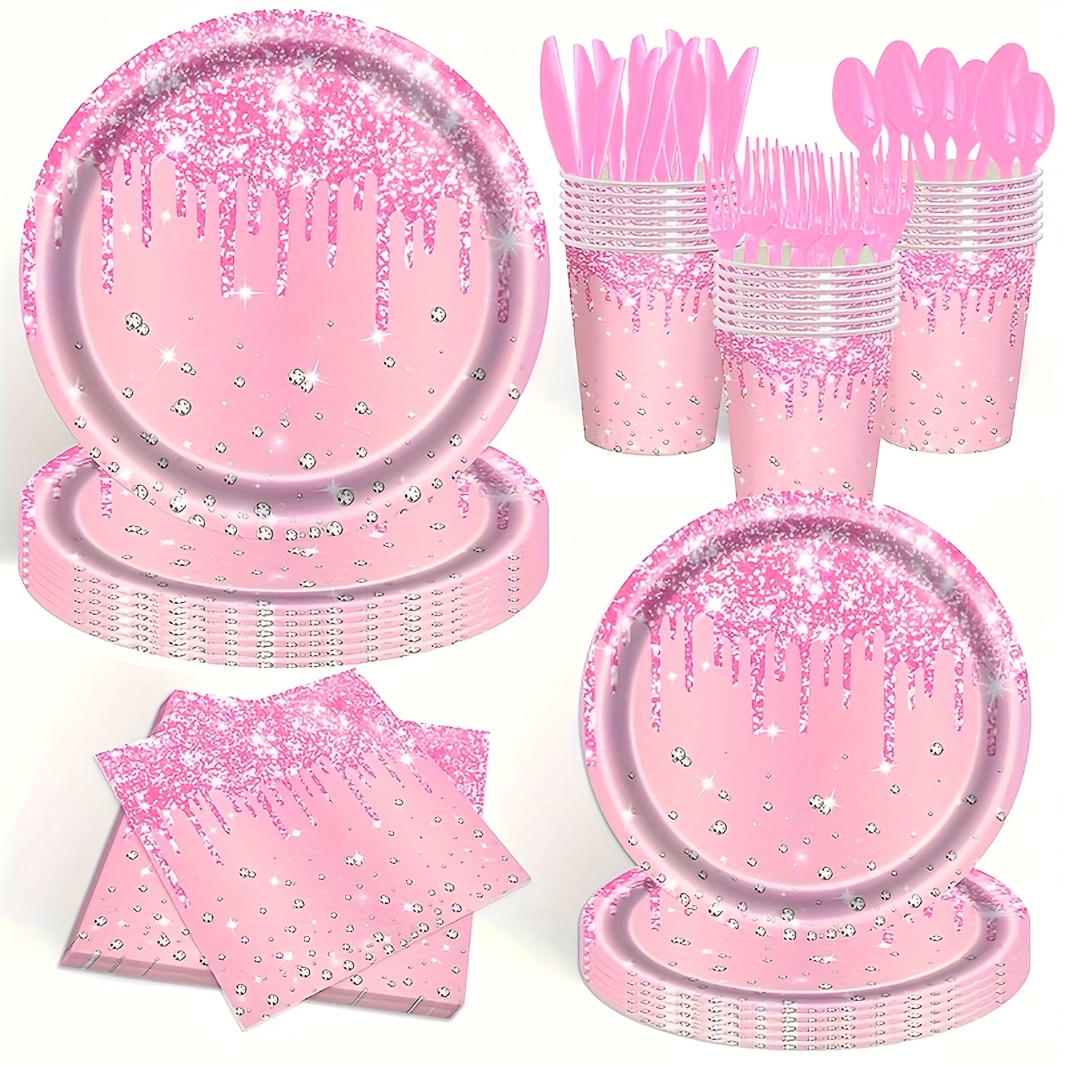 TEMU 140pcs Luxury Pink Party Supplies Set | Birthday/ Wedding/ Sweet 16 Party Decorations | Disposable Dinnerware For 20 Guests | Plates Cups Cutlery Napkins | Holiday & Essential