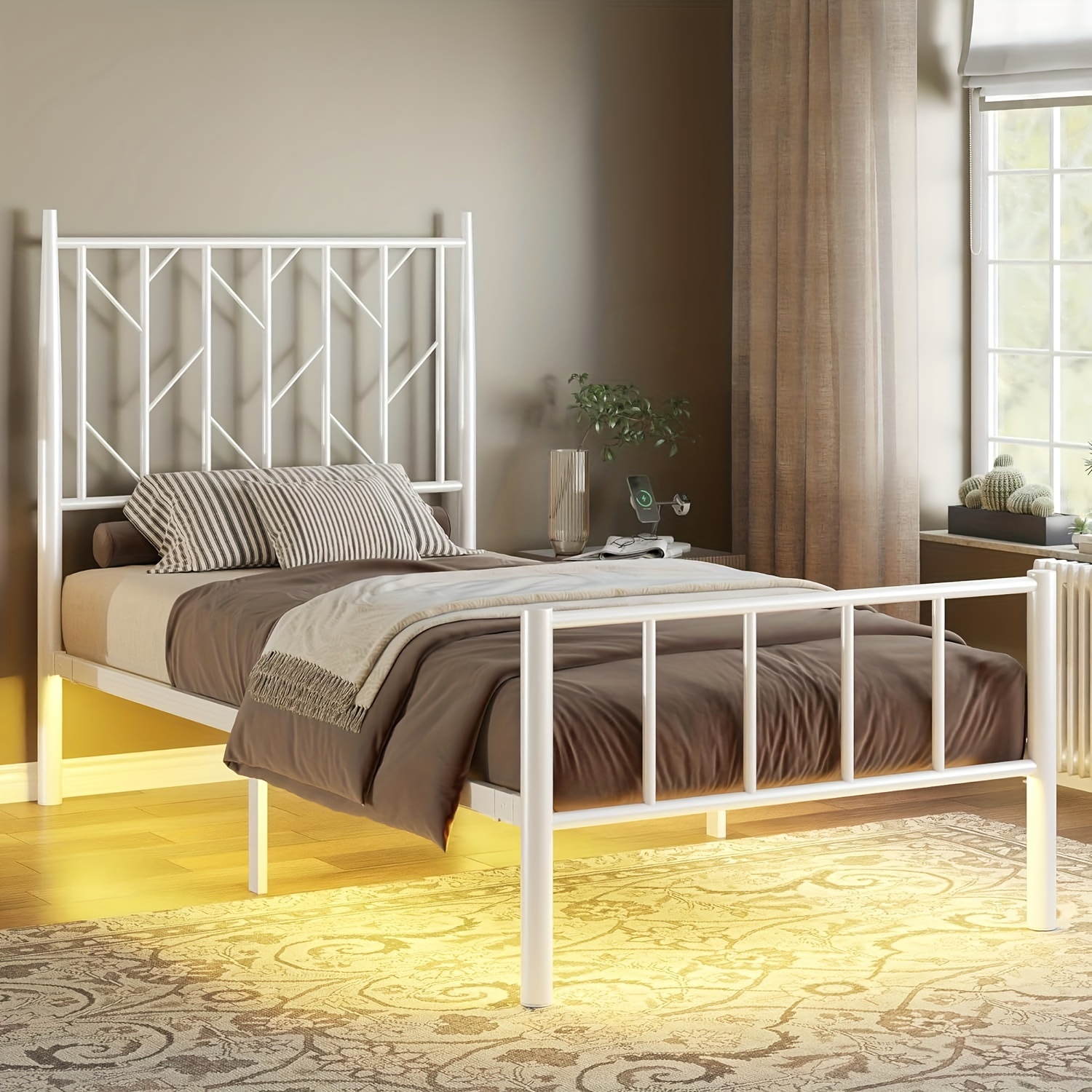 

Twin Size Metal Bed Frame With Adjustable Headboard, Led Lights Bed Frame With Vintage Footboard, Heavy Duty Slats, No Box Spring Needed White