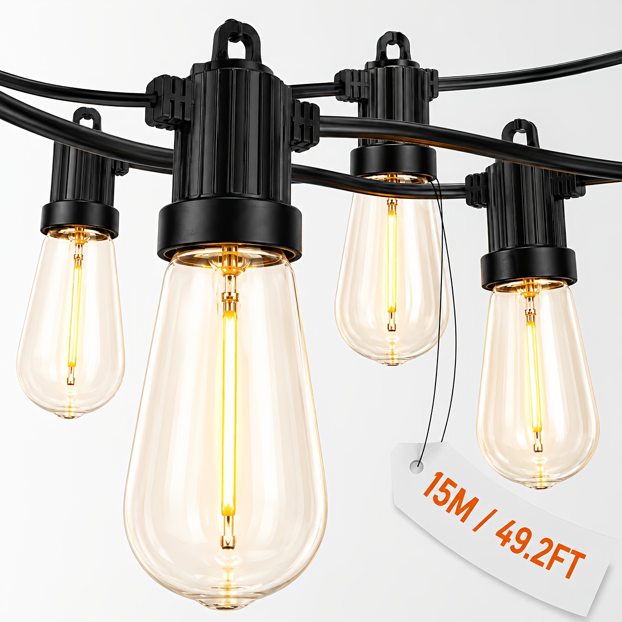 TEMU 15m/49.2ft Solar Outdoor String Lights, Patio Lights With Vintage Edison Led Bulbs, Shatterproof Solar Hanging Lights For Garden, Backyard,