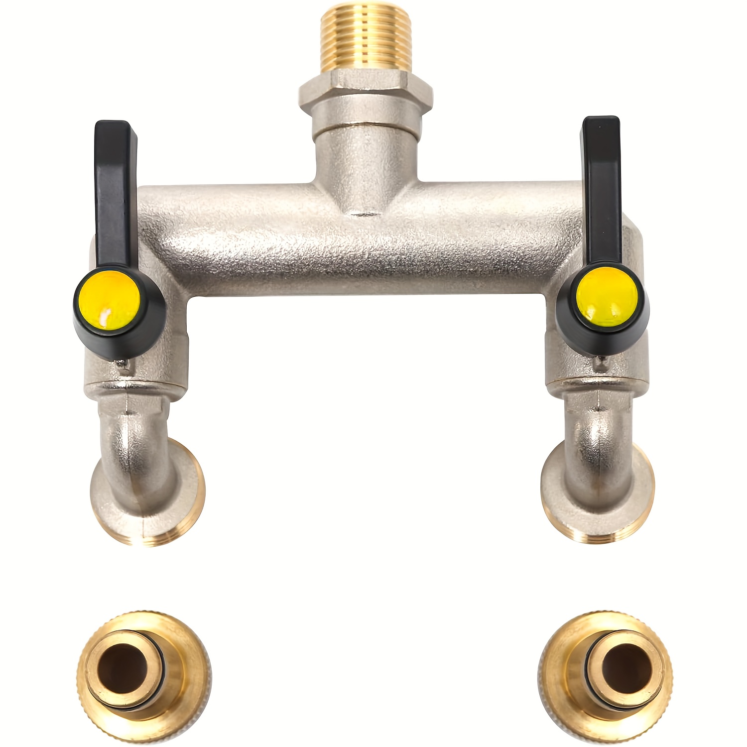 Image of A Garden Tap, Featuring A 3/4 Inch Double-ended Splitter, With 2 Connectors For 3/4 Inch And 1/2 Inch Faucets, Ideal For Household Use, Gardening, And Washing Machines, In A Silver End