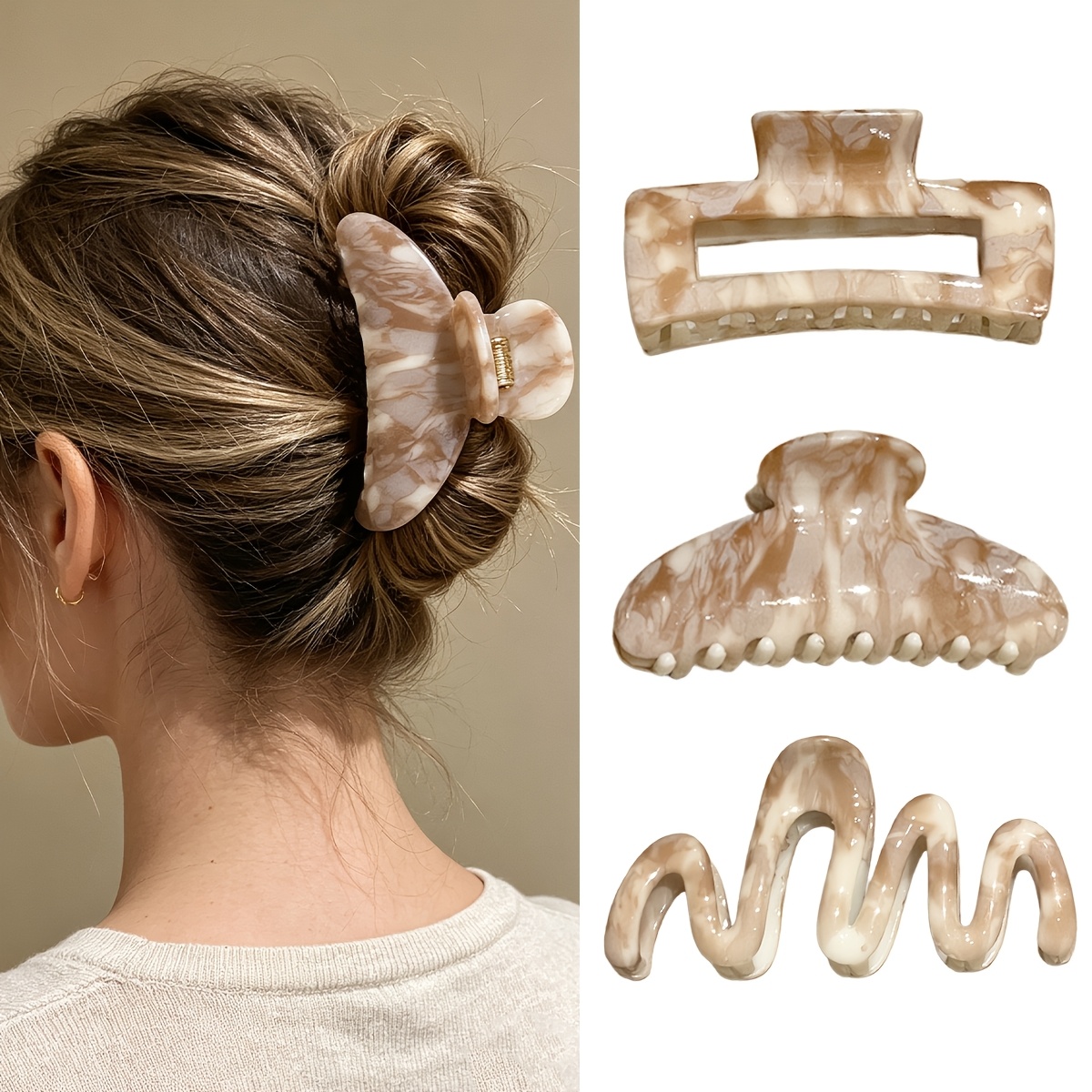 TEMU 3pcs Elegant Milky Coffee Marble Mixed Style Hair Claw Set, Large Hollow Gloss Acrylic Jaw Barrettes, Women Fashion Hair Clips For Makeup, Bath,