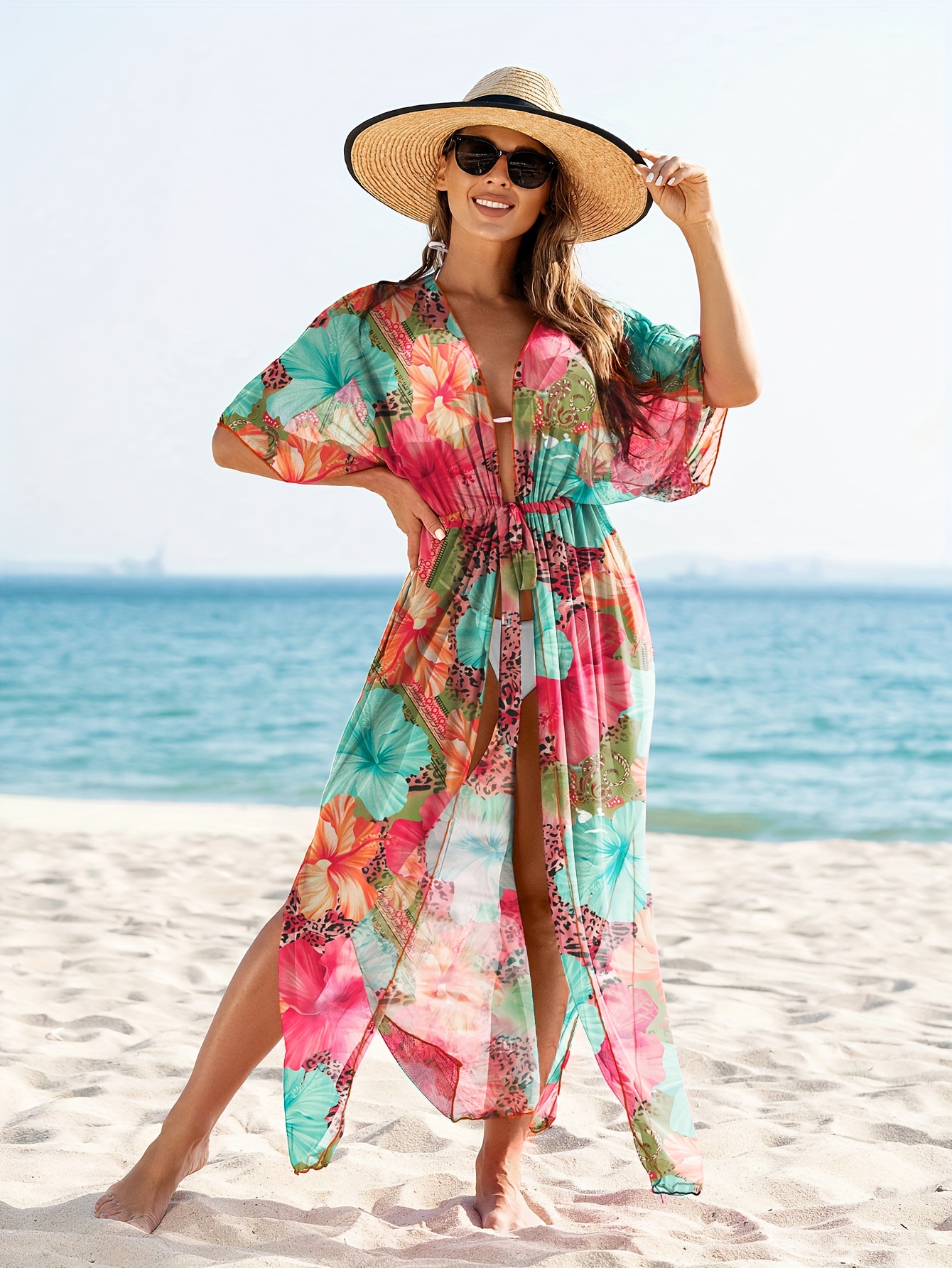 women's lightweight stretchy tropical print beach cover up wrap dress - machine washable shirt for poolside, seaside & casual , beach dress, poolside coverup, open front design, flowy fabric