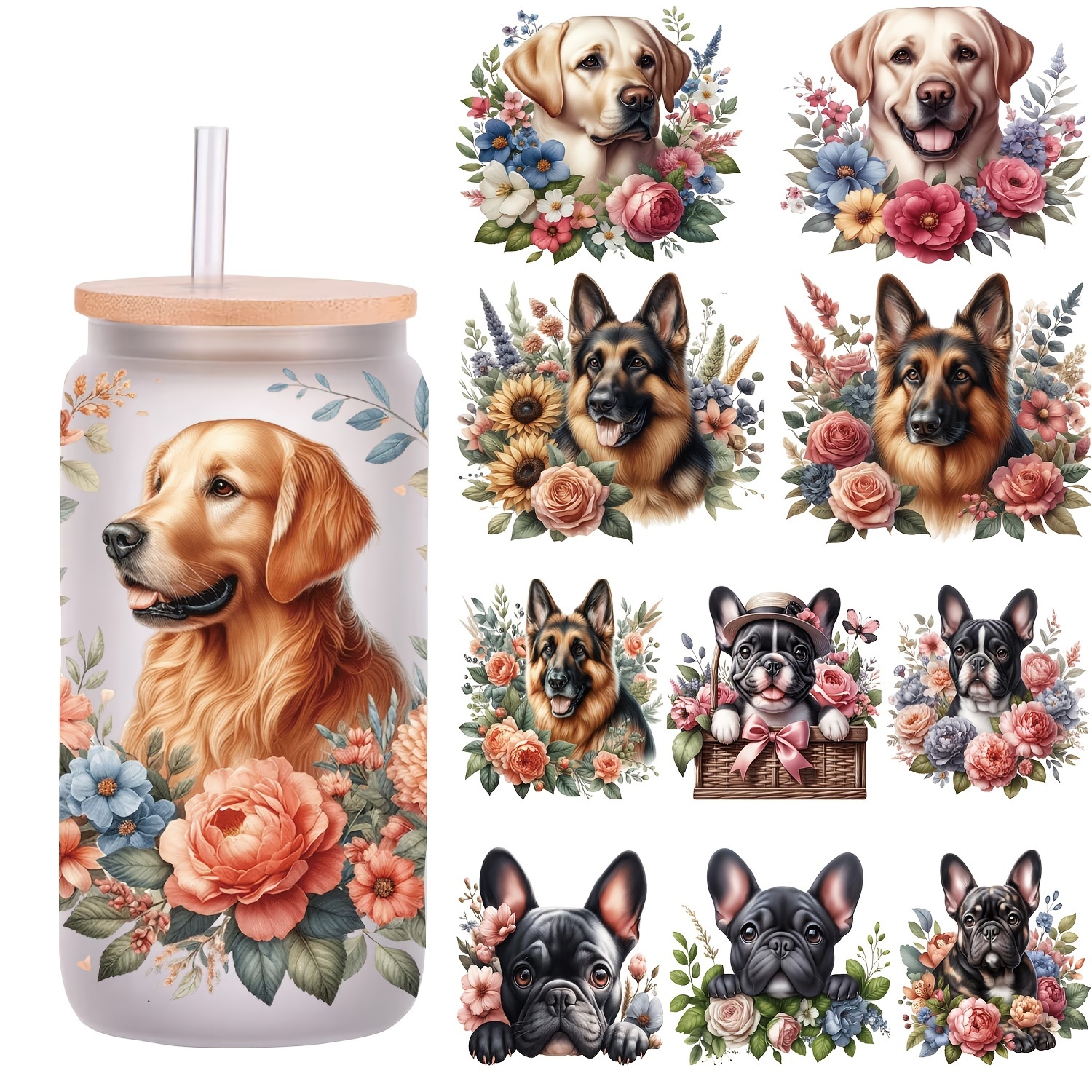 

5pcs/set Flowers And Dogs 16oz Glass Jar Packaging Stickers Cup Uv Dtf High Self-adhesive Decorative Packaging Stickers On Mugs